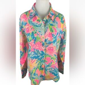 Lilly Pulitzer Sea View Linen Button Down Shirt Sunshine State of Mind NWT